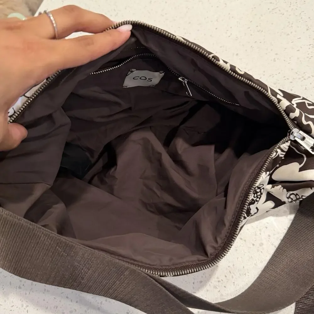 Cos Nylon Printed Padded Crossbody Shoulder Hobo Bag Brown Crescent Minimalist